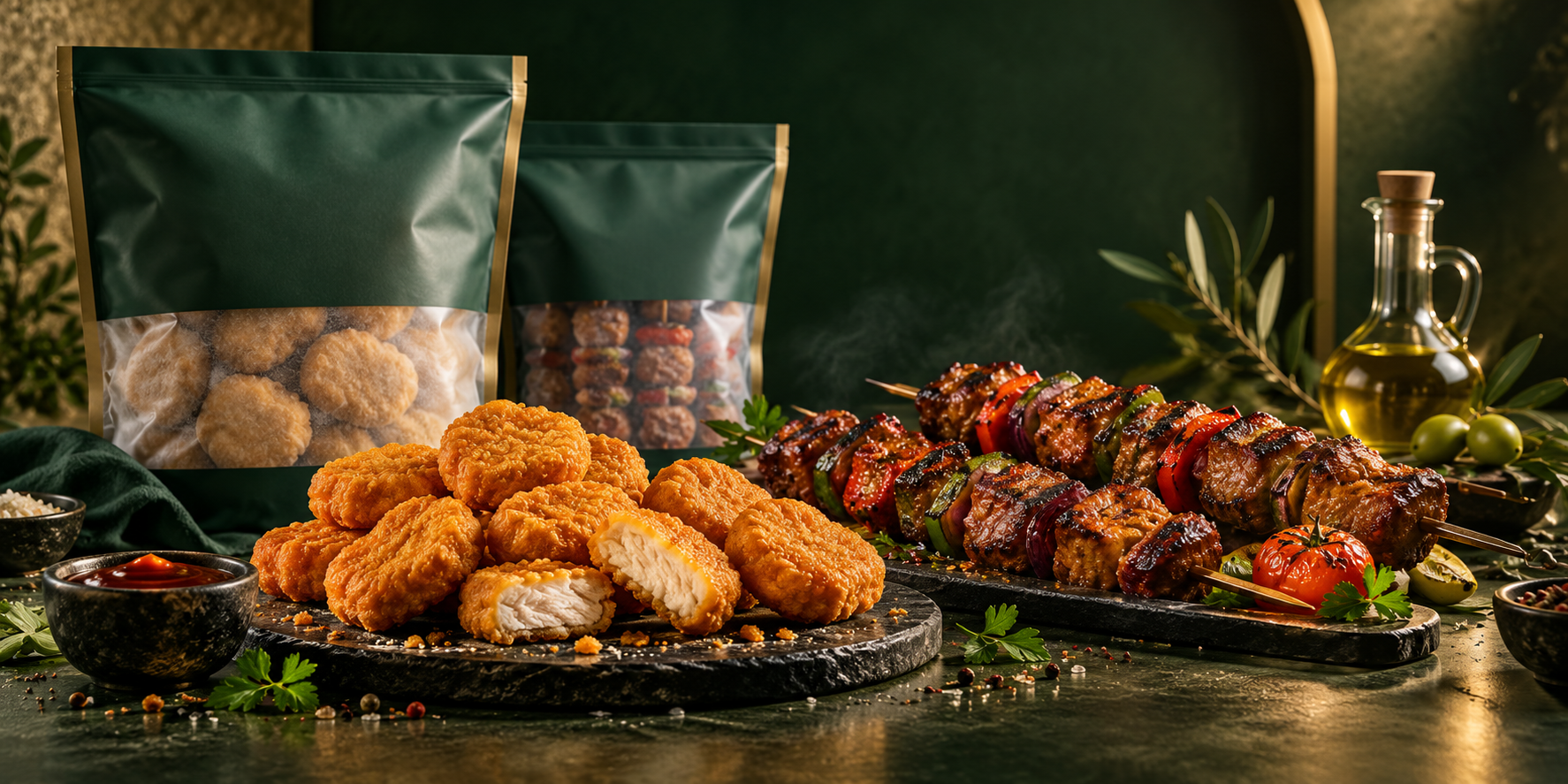 Premium halal chicken nuggets, kebabs and food products