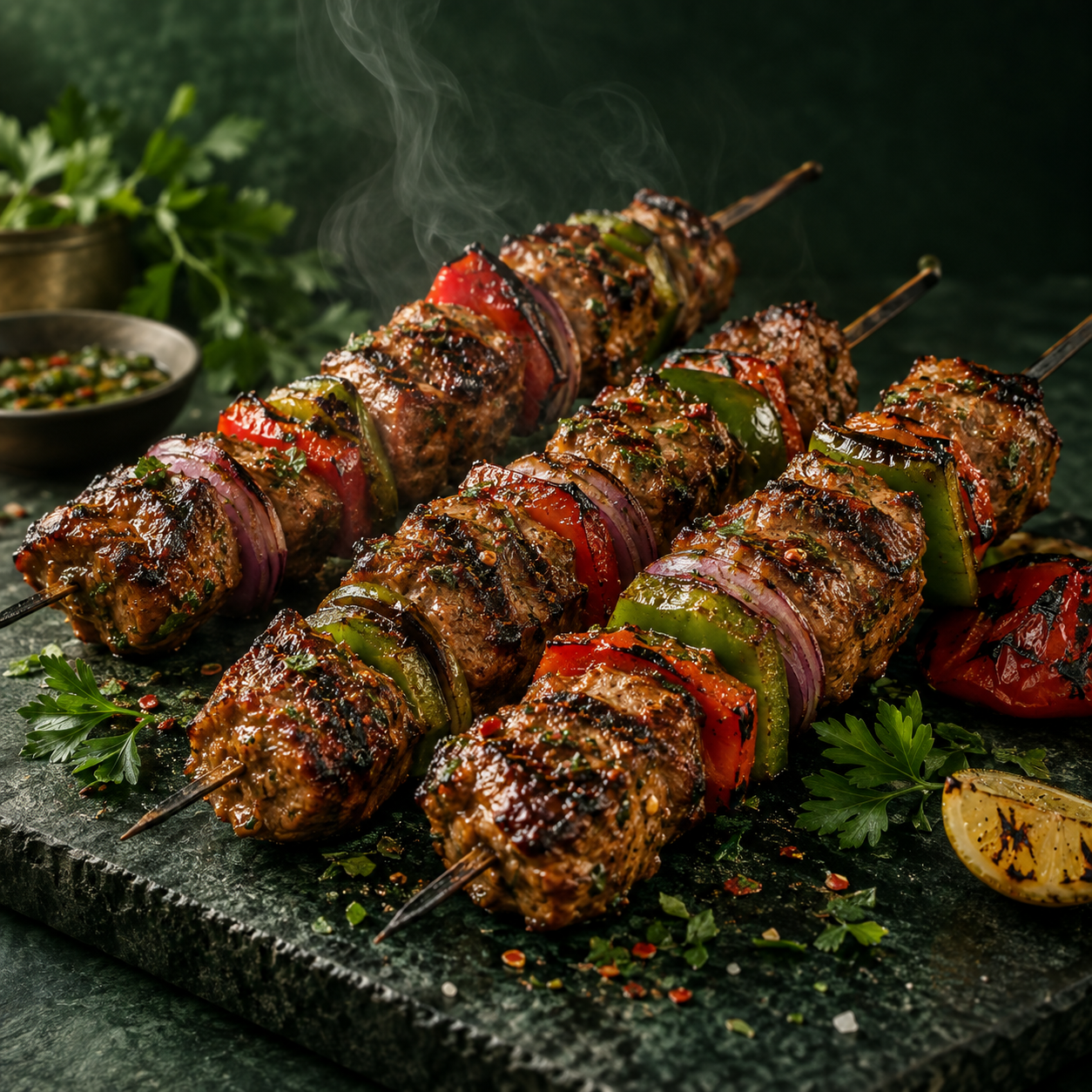 Flame-grilled halal kebab skewers